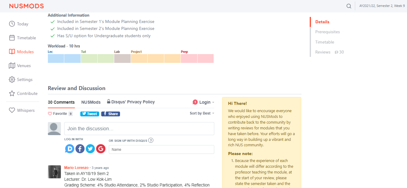 NUSMods screenshot as of 14 March 2022, with Disqus loaded